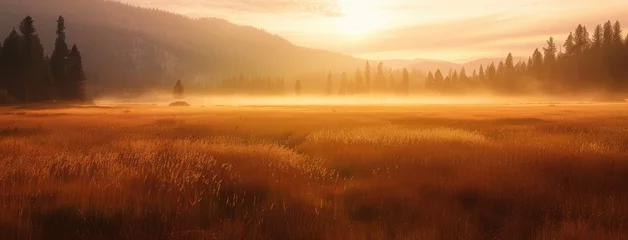 Foto op Canvas Golden Sunrise in Misty Mountain Valley © evening_tao