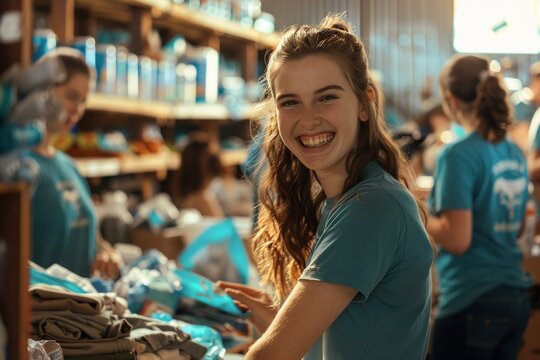 Cheerful young woman volunteering at a community center, sorting through donated items with a diverse group of people, emphasizing spirit of generosity and teamwork.