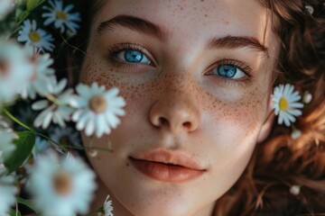 Young woman with freckles surrounded by daisies enjoying nature. Portrait of natural beauty with fresh flowers.