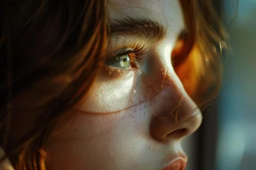 Fotobehang Close-up portrait of young woman with sun-kissed face by golden hour light, focusing on her detailed features and natural beauty. Human emotions and natural light photography. © Postproduction