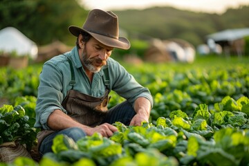 Farmer Harvesting Fresh Vegetables with Care and Dedication