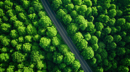 Aerial view of country road through green forest.