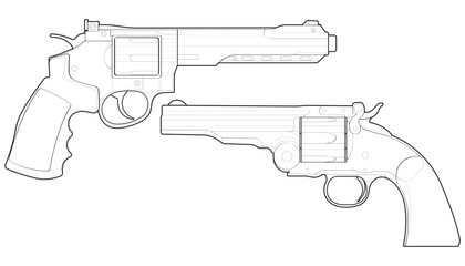 Bundling set of Revolver with line art style, Shooting gun, Weapon illustration, Vector Line, Gun illustration, Modern firearm, Military concept, Pistol vector.