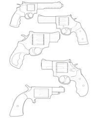 Bundling set of Revolver with line art style, Shooting gun, Weapon illustration, Vector Line, Gun illustration, Modern firearm, Military concept, Pistol vector.