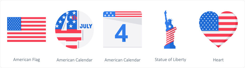 A Set of 5 America Independence Day icons as american flag, american calendar, statue of liberty