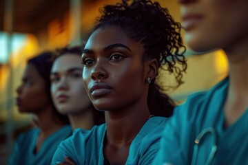 Young women in scrubs navigating hospital campus. Diverse group of medical students walking through a university hospital, reflecting vitality in healthcare profession. - Powered by Adobe