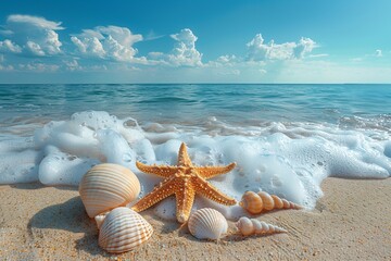 Starfish, Shells, and Waves Caressing the Sandy Shoreline