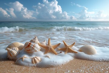 Fototapeta na wymiar Starfish, Shells, and Waves Caressing the Sandy Shoreline