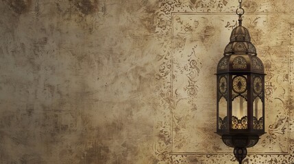 Muted brown islamic ornament and lantern on flat background: cultural and religious symbolism

