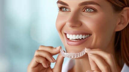 Young Caucasian woman inserting a dental aligner. Close-up view. A beautiful smile journey, guided by orthodontic aligners.