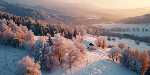 Foto op Canvas Amazing winter nature landscape in warm sunlight at sunset. Fog and frost. Snowy winter scene in sun light. Vivid sunbeams behind trees. Christmas background. Natural wild winter nature in january © Dragan