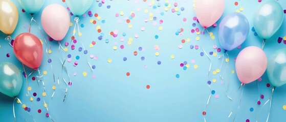Funny birthday or party background. Colorful balloons and confetti on blue table top view. Flat...