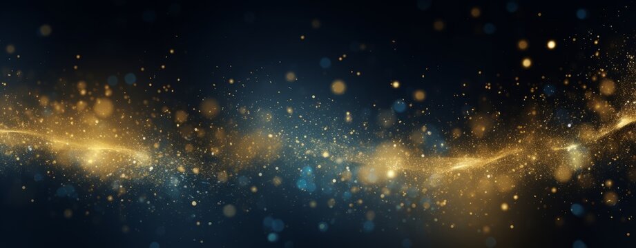 Abstract background with bokeh lights and glitter, in the style of blue and gold colors. Abstract light effects on a dark blurred background. A New Year concept. 8k, a real photo, high resolution, ult