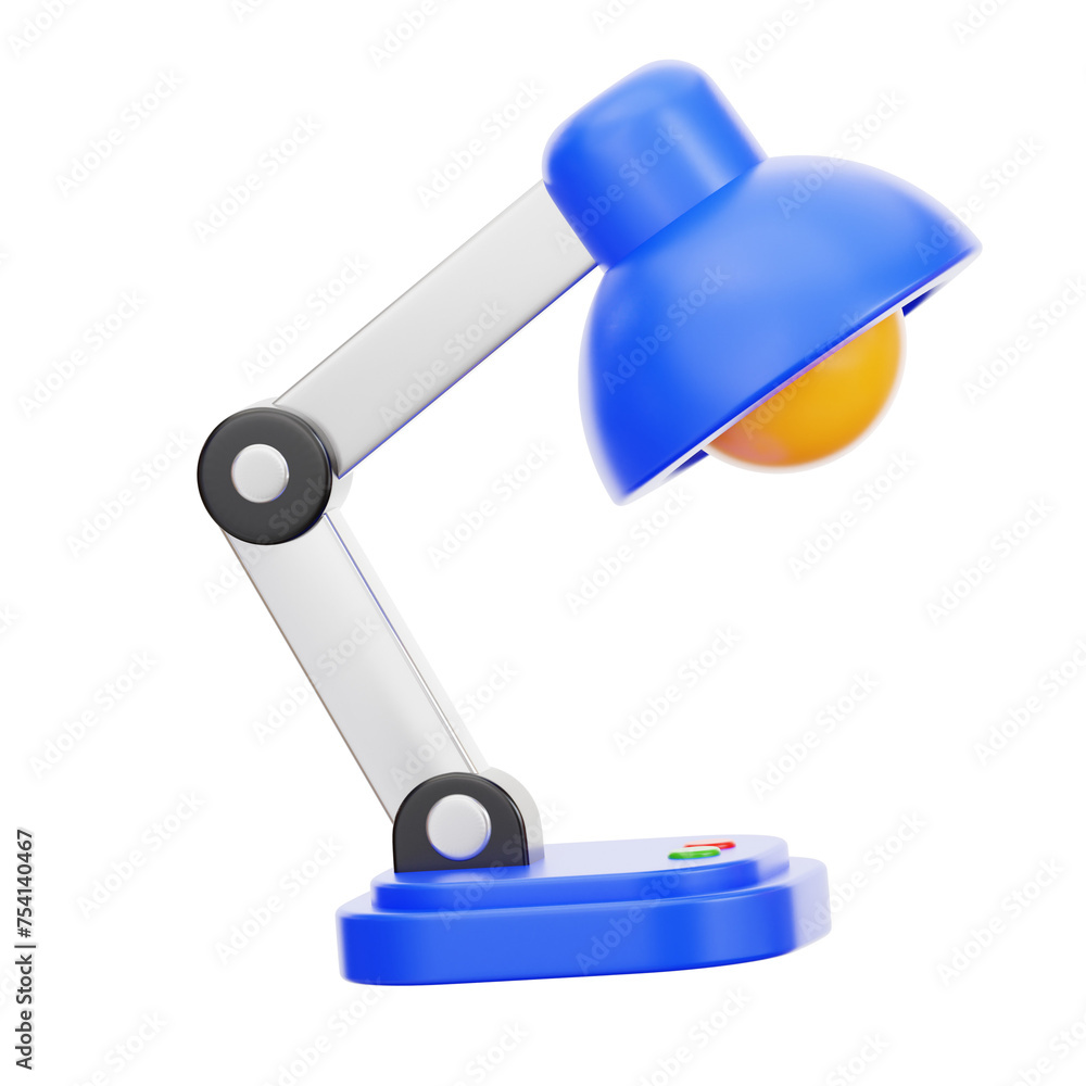 Poster 3d blue desk lamp model illuminating study desk. 3d illustration, 3d element, 3d rendering. 3d visua
