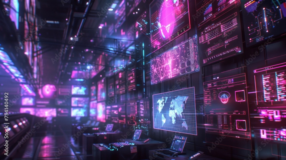 Poster high-tech control room with cybersecurity specialists monitoring screens, representing endpoint secu