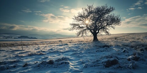 Amazing winter nature landscape in warm sunlight at sunset. Fog and frost. Snowy winter scene in sun light. Vivid sunbeams behind trees. Christmas background. Natural wild winter nature in january