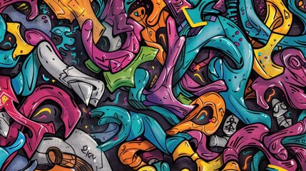 Vibrant graffiti art on weathered concrete wall, showcasing urban creativity and energy.