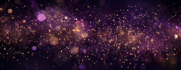 Abstract background with bokeh lights and glitter, in the style of purple and gold colors. Abstract light effects on a dark blurred background. A New Year concept. 8k, a real photo, high resolution, u