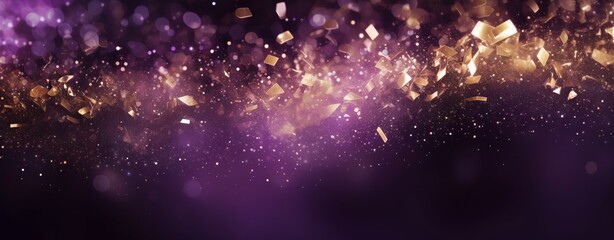 Abstract background with bokeh lights and glitter, in the style of purple and gold colors. Abstract light effects on a dark blurred background. A New Year concept. 8k, a real photo, high resolution, u
