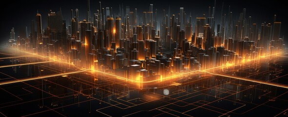A dark background with glowing yellow and orange circuit lines connecting to various parts of the scene, representing data flow through an artificial intelligence network. The image is centered on one