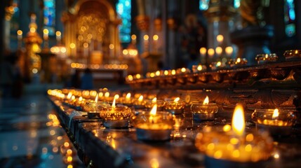 Grand cathedral with countless candles flickering, evoking a sense of reverence and spiritual devotion. - obrazy, fototapety, plakaty