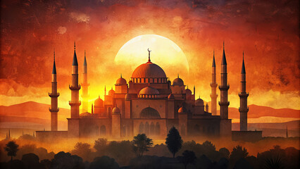 silhouette of a mosque with the sun setting behind it - obrazy, fototapety, plakaty
