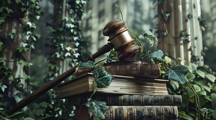 Gavel on law books with cityscape background, where nature integrates with buildings. - obrazy, fototapety, plakaty