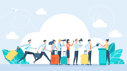 Passengers with Luggage and Aircraft Ticket at Flight Booking Counter Desk with Departures Board. Airport check in desk. Traveler queue from airport terminal check. Flat Illustration