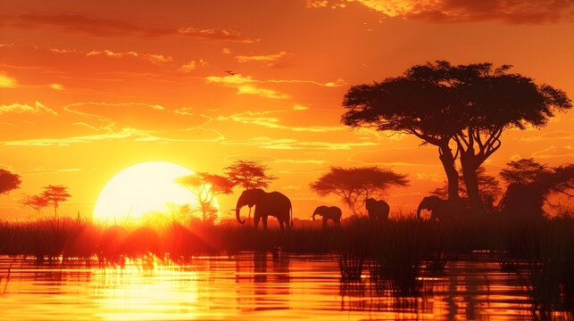 Safari Sunset with African Wildlife Silhouette, To provide an eye-catching and visually appealing image for use as a desktop wallpaper or for