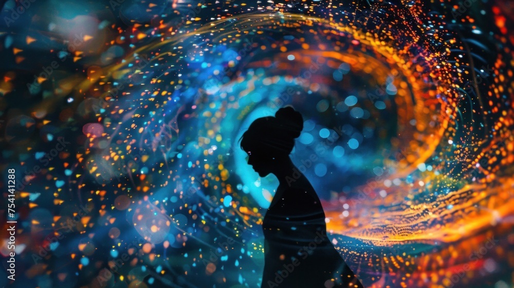 Poster dreamlike fusion of human intuition and ai analysis in data vortex.