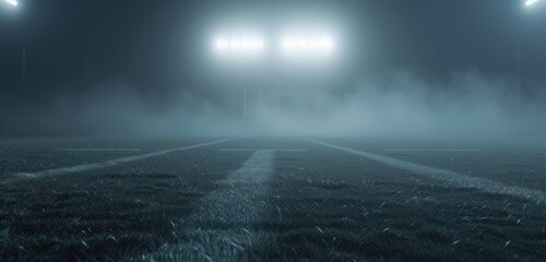 Empty Football Field Shrouded in Mist Under Lights - obrazy, fototapety, plakaty