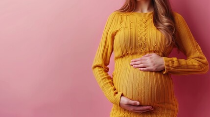 Close up of a pregnant woman with hands on stomach isolated on light pink background. Belly tummy of pregnant woman portrait.