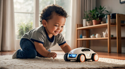 Happy baby boy playing with interactive robot car toy. Child with intelligent toys in nursery room