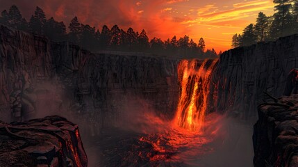 Lava Waterfall Sunset in Forest A Hyper-Realistic Masterpiece