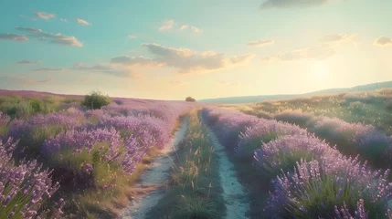 Möbelaufkleber Lavender Field Under Sunset with Dirt Path, To convey a sense of tranquility and natural beauty through the depiction of a lavender field at sunset © Rudsaphon