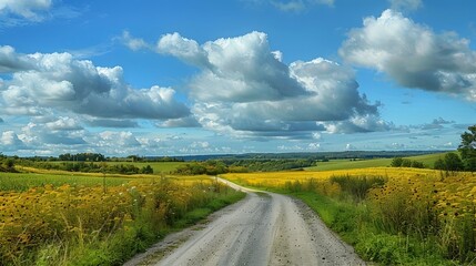Quaint Country Road Through Goldenrod Fields and Rolling Hills, To showcase the natural beauty of the midwest and provide a calming, peaceful image - obrazy, fototapety, plakaty