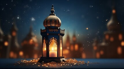 Fototapeta premium Exquisite ornamental arabic lantern illuminated by a warm glowing candle - cultural and religious symbolism captured in a stunning image