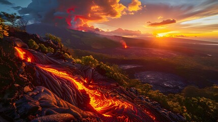 Sunset Volcano with Lava Flow and Greenery, To showcase the raw power and beauty of nature with a striking image of an active volcano at sunset,
