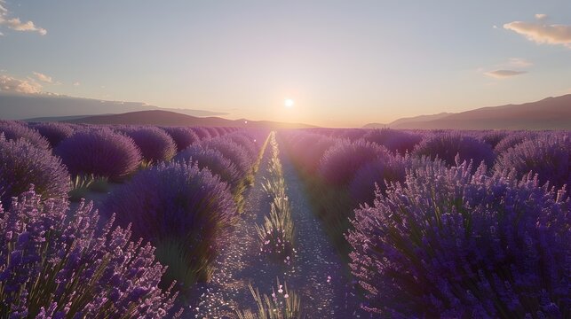 Serene Sunset Lavender Fields - A 3D Rendering Masterpiece, To provide a visually stunning and serene image of a lavender field at sunset, capturing