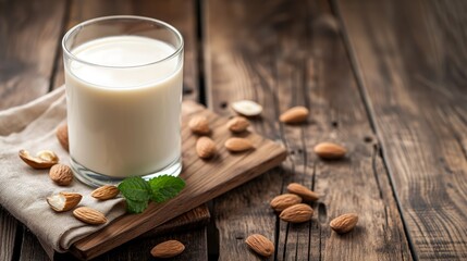 Almond milk in glass with almonds on wooden table.