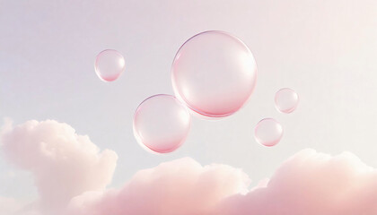 Flying soap bubbles on a pastel background with clouds, 3D art, colorful, concept art, warm colors