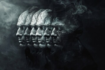 Artistic image of sequential metallic face sculptures emerging from a smoky background, creating a mysterious atmosphere.