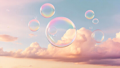 Flying soap bubbles on a pastel background with clouds, 3D art, colorful, concept art, warm colors