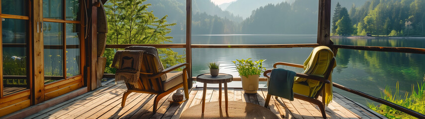 Spring Serenity: A Boho-Styled Veranda Overlooking a Lake - obrazy, fototapety, plakaty