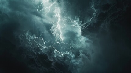 Dramatic thunderstorm clouds with intense lightning strike delivering natural electricity and power. Stormy weather patterns with dynamic cloud formation. - obrazy, fototapety, plakaty