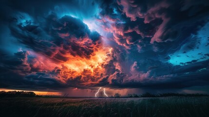 Lightning splits the sky, highlighting ominous clouds, creating tension and drama in the night. Moody and intense style with deep shadows. - obrazy, fototapety, plakaty
