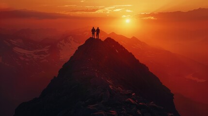 On the summit of a rugged peak, a couple clasps hands triumphantly