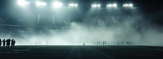 Atmospheric Nighttime Football Stadium Scene with Players - obrazy, fototapety, plakaty