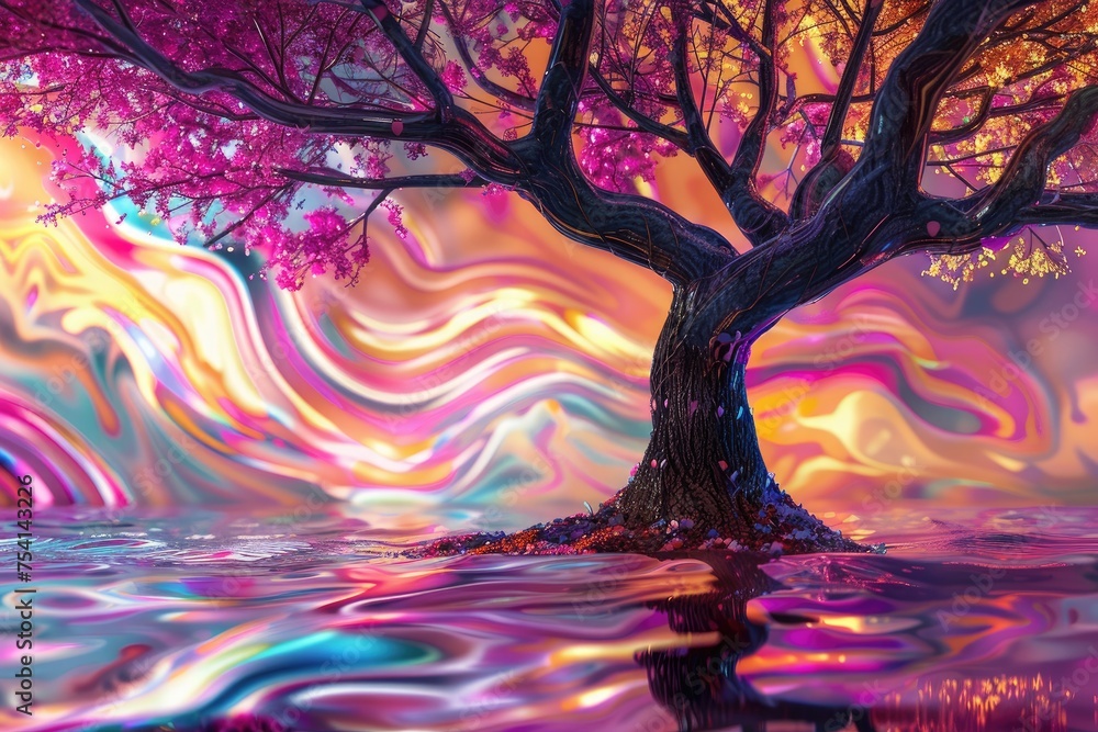Poster an image of a tree with an extraordinary phenomenon instead of leaves, it has cascades of liquid col