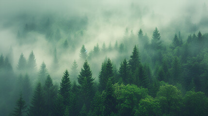 Panorama of misty landscape with fir forest in hipster. generative ai